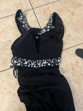 Deb Black Prom Dress with Jeweled Waist and Straps